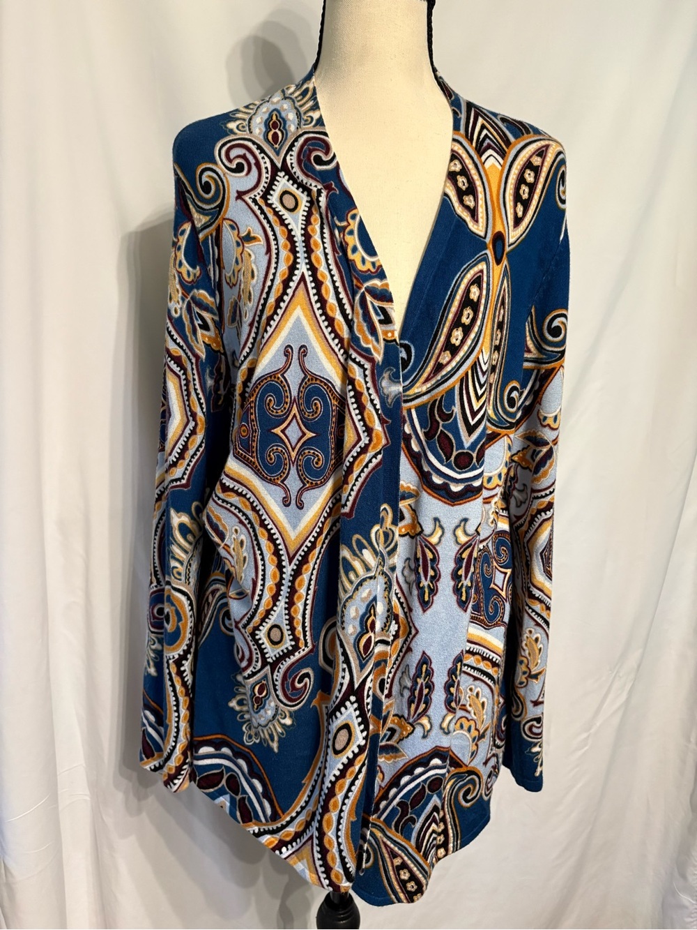 Chico's Blue and Gold Paisley Open Cardigan